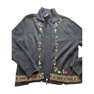 Southern Lady Navy Floral Embroidered Zip Cardigan Sweater XL grandma cottage
